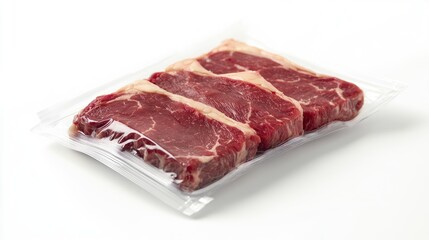 Obraz premium Sirloin steak in vacuum-sealed packaging, placed on a white background, highlighting its freshness and perfectly cut portions for a retail setting.