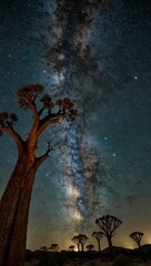 The Milky Way shines over Quiver Tree Forest, Northern Cape, South Africa.