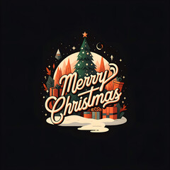 Merry Christmas square trendy card with christmas tree, gift boxes, festive decorations, greeting, winter holidays illustration, invitation, postcard, sticker design.