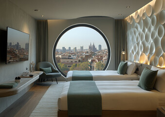 Modern twin room with city views in minimalist hotel featuring stylish decor and comfortable furnishings