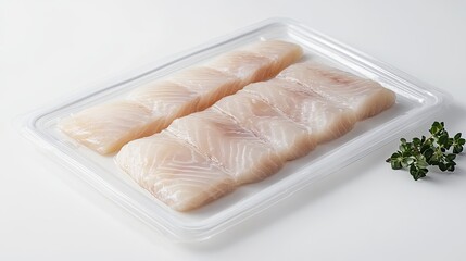 Vacuum-sealed package of bass fillets, neatly arranged on a white background, perfect for showcasing freshness and quality in seafood promotions.