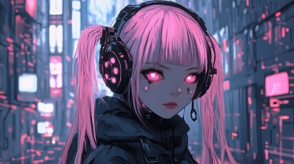 Fototapeta premium A cute girl anime cyberpunk robot head cyborg character background wallpaper AI generated image