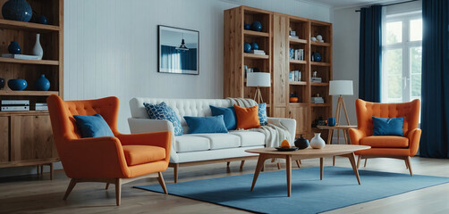 Modern furnished, colorful and cozy contemporary living room, living area with designer style sofa in daylight