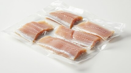 Vacuum-sealed package of bass fillets, neatly arranged on a white background, perfect for showcasing freshness and quality in seafood promotions.