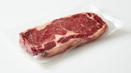 Fototapeta premium Vacuum-sealed ribeye steak with visible marbling, arranged on a clean white background, emphasizing its high quality and ready-to-cook appeal.