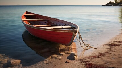 Naklejka premium A solitary wooden boat gently resting on the calm, clear waters near a sandy shore, evoking a serene and timeless tranquility.
