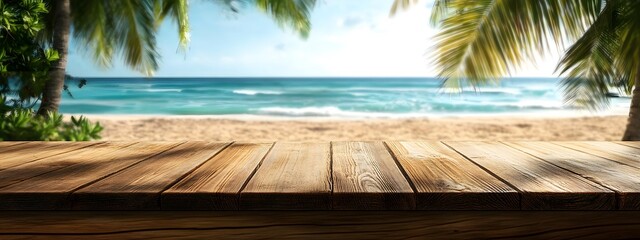 Empty wooden table top with blurred tropical beach background for product display montage, with copy space