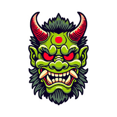 Vector Oni Mask Illustration With horns - Traditional Japanese Demon Design. Perfect clipart for sticker print and other designs