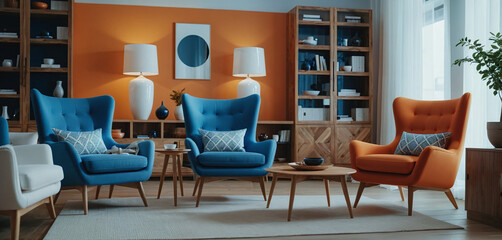 Modern furnished, colorful and cozy contemporary living room, living area with designer style sofa in daylight