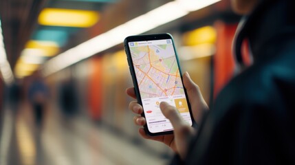 A person uses a smartphone with a map app while waiting in a brightly lit subway station.