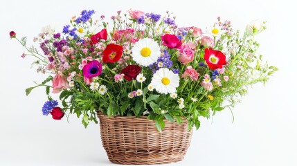 Mixed bloom baskets, harmonious palette of flowers and leaves isolated on white, worm's eye perspective