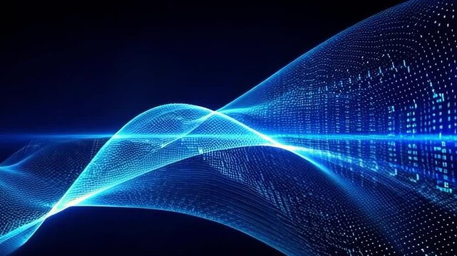 A glowing blue wave with a digital data stream flows smoothly against a dark background, featuring a binary code pattern and a high-tech texture, creating a futuristic and abstract visual effect.