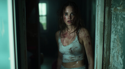 Distressed Woman in a Horror Movie Scene