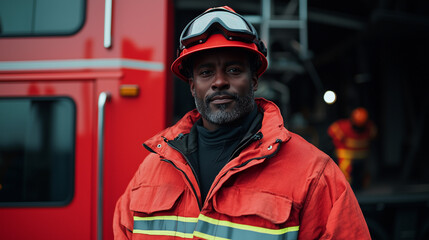 Obraz premium Portrait of a Firefighter in Uniform Standing in Front of a Fire Truck