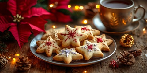 A festive plate of decorated star-shaped cookies with a cup of tea, surrounded by holiday decorations and warm lights.