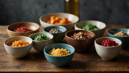 Unique bowls with ingredients set out on a table.