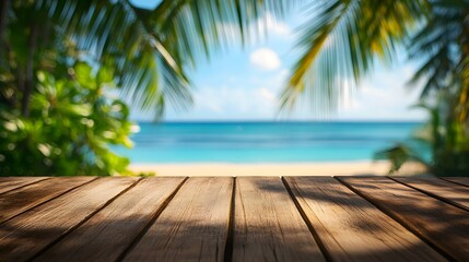 Empty wooden table top with blurred tropical beach background for product display montage, with copy space