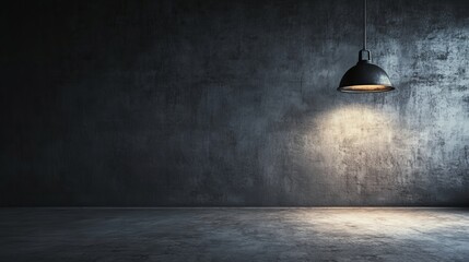 An asymmetrical black textured wall lit by a spot lamp at the right top corner