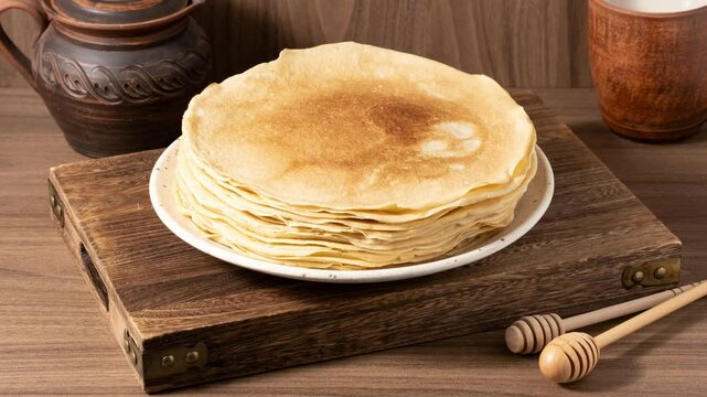 Stack of thin pancakes on brown wooden table, stop motion animation. High quality 4k footage