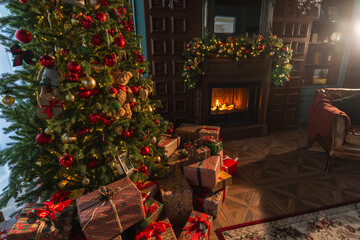 Classical Christmas decorated interior living room library with fireplace. Christmas tree with red golden ornament decorations. Modern classic style interior design apartment. Christmas eve at home
