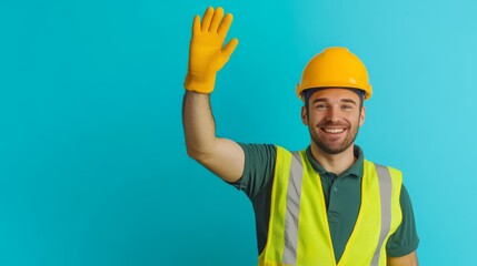 A construction worker stands against a vibrant blue backdrop, smiling and waving. He wears a yellow hard hat and gloves, embodying a spirit of teamwork and safety