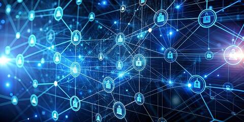 Blockchain Network Concept Big Data Visualization and Cybersecurity. Distributed Ledger Technology with Circles, Lines, and Particles Visualization