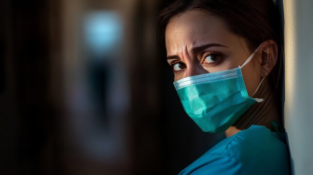 A weary healthcare worker, their face partially obscured by a mask, pauses for a moment of rest against the wall in a quiet corridor after a demanding day