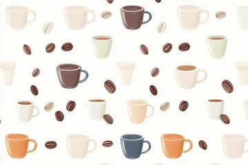 A flat illustration of various coffee mugs and beans arranged in a seamless pattern, creating a playful and cozy coffee-themed design