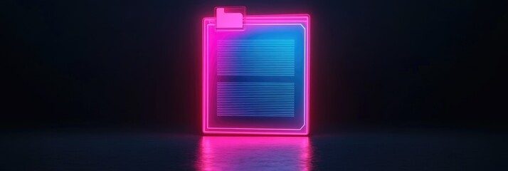 3D Neon Light Document Icon with Vibrant Cyber Colors on Black Background