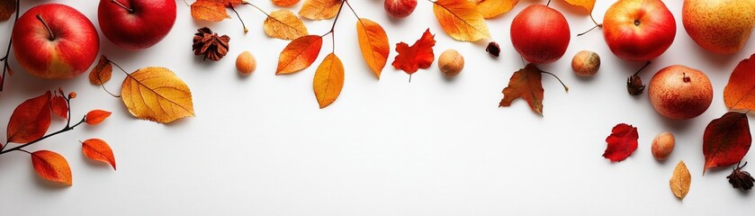 Fototapeta premium Vibrant autumn leaves and fresh red apples, creating a cozy seasonal border against a bright background.