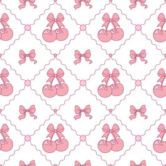 Seamless Outline Hand Drawn Cherry and Bow Coquette with Smooth Zigzag Line Vector Illustration Pattern