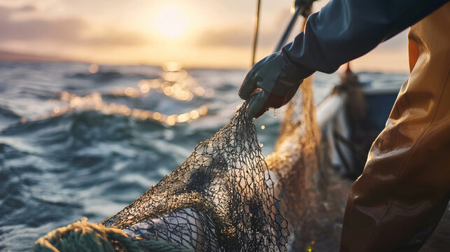 A fisherman pulls out an empty fishing net while standing on a boat. Fishing on an old trawler in the ocean. Stormy sea with high waves.