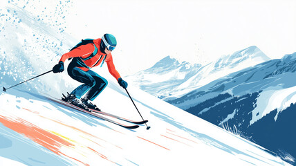 copy space, vector illustration, hand drawn , Advanced skier slides near mountain downhill. Sports descent on skis in mountains hills. Winter activity. Skiing in winter Alps. Experienced skier. Advert
