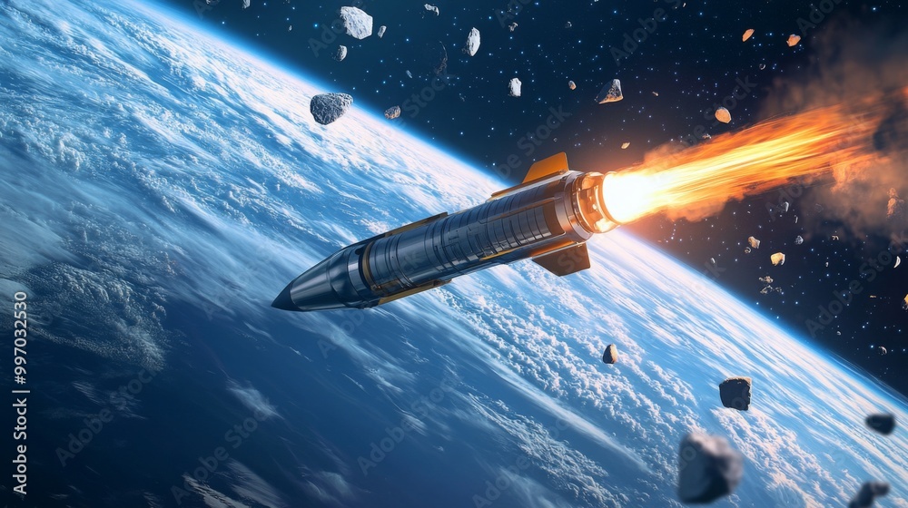 Poster a rocket ascends through the atmosphere, leaving a fiery trail as it navigates an asteroid field in 