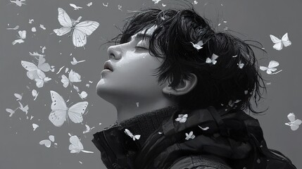 Man Surrounded by Butterflies - Black and White Portrait