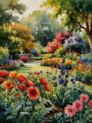 Watercolor of a vibrant garden in bloom.