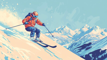 copy space, vector illustration, hand drawn , Advanced skier slides near mountain downhill. Sports descent on skis in mountains hills. Winter activity. Skiing in winter Alps. Experienced skier. Advert