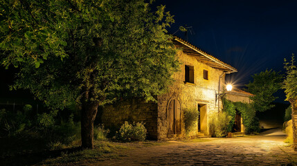 Obraz premium A village street and a house softly lit by a street lamp
