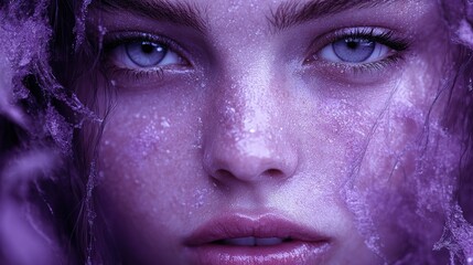 Close-up Portrait of a Woman with Purple Skin and Blue Eyes