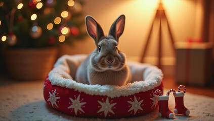 A cozy rabbit resting in a festive bed near a Christmas holiday tree