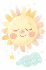 A vibrant watercolor illustration featuring several smiling suns with playful rays. The cheerful expressions and warm colors