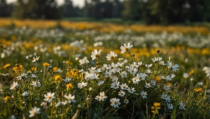 White and yellow wildflowers in a field.