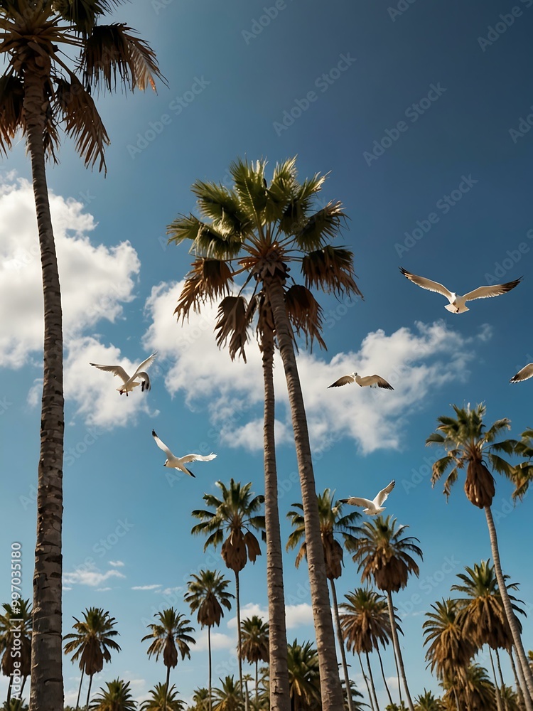 Poster White gulls flying near palm trees on a sunny day.