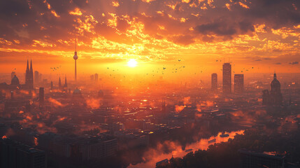 city of Berlin, background Berlin city view, sunrise