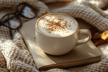 A cozy scene featuring a cappuccino with cinnamon sprinkles on top, placed on a book next to glasses and a warm knitted blanket, evoking comfort and relaxation