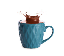 Splash of sweet hot chocolate in cup on white background