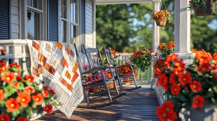 A detailed view of a farmhouse front porch with rocking chairs, a handmade quilt draped over the rail, and pots of bright geraniums