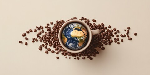 Coffeescape featuring Earth inside coffee cup surrounded by coffee beans concept