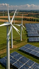 Wind turbines and solar panels in a sunny green field.