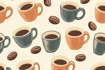 Obraz premium Seamless pattern with coffee cups, beans, vintage style, hand-drawn illustration, coffee shop decor, caffeine concept